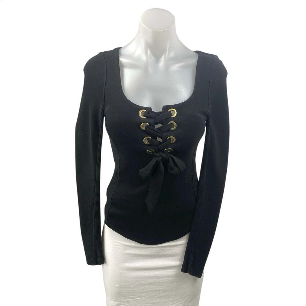 Free People Looking Back Black Long Sleeve Lace Up Blouse T Shirt Top Size XS